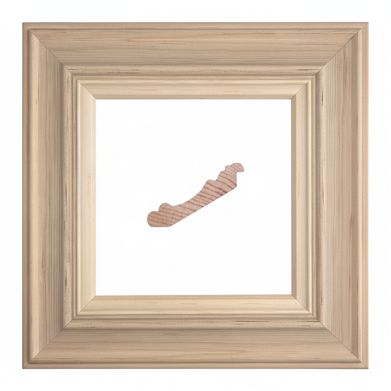 882 - PAOLA Moldura de Madera de Pino de Primera, Linea para Marco, Tipo Faldon, de 20mm de espesor x 093mm de ancho. sin Textura, sin Acabado.