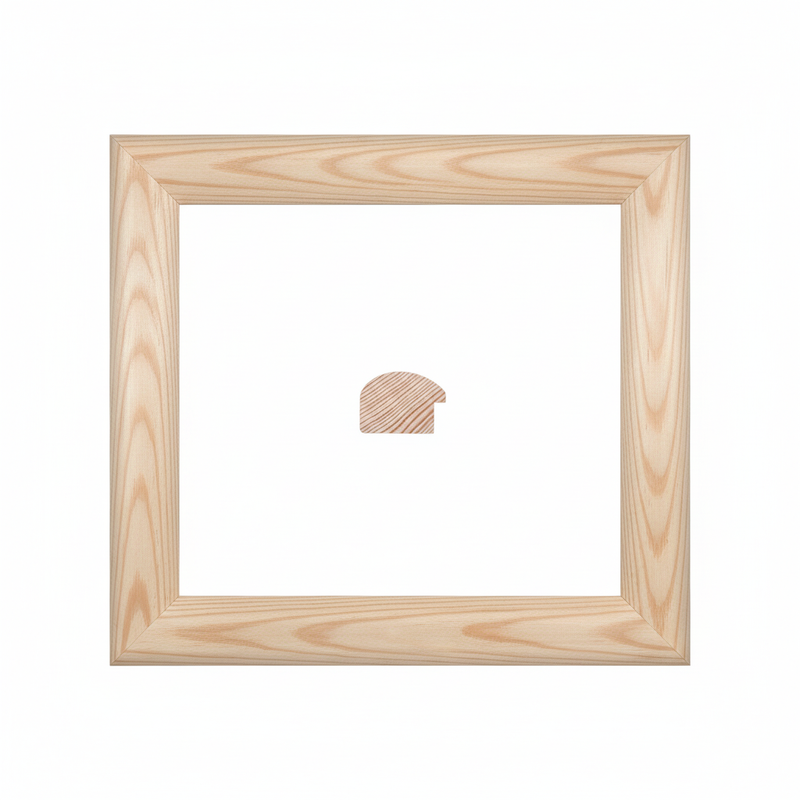 1/2 Caña - 280 Moldura de Madera de Pino de Primera, Linea para Marco, Tipo Plana, de 35mm de espesor x 050mm de ancho. sin Textura, sin Acabado.