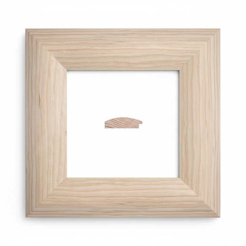 1/2 Caña - SUPER - 70 Moldura de Madera de Pino de Primera, Linea para Marco, Tipo Plana, de 20mm de espesor x 070mm de ancho. sin Textura, sin Acabado.