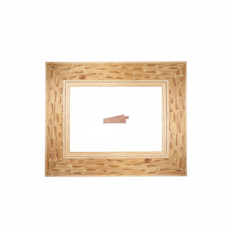 Chaflan - GOTAS Moldura de Madera de Pino de Primera, Linea para Marco, Tipo Plana, de 20mm de espesor x 058mm de ancho. con Textura, sin Acabado.