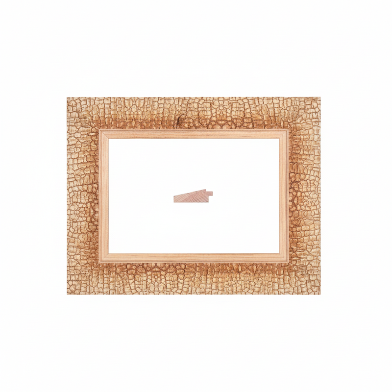 Chaflan - EMPEDRADO Moldura de Madera de Pino de Primera, Linea para Marco, Tipo Plana, de 20mm de espesor x 058mm de ancho. con Textura, sin Acabado.