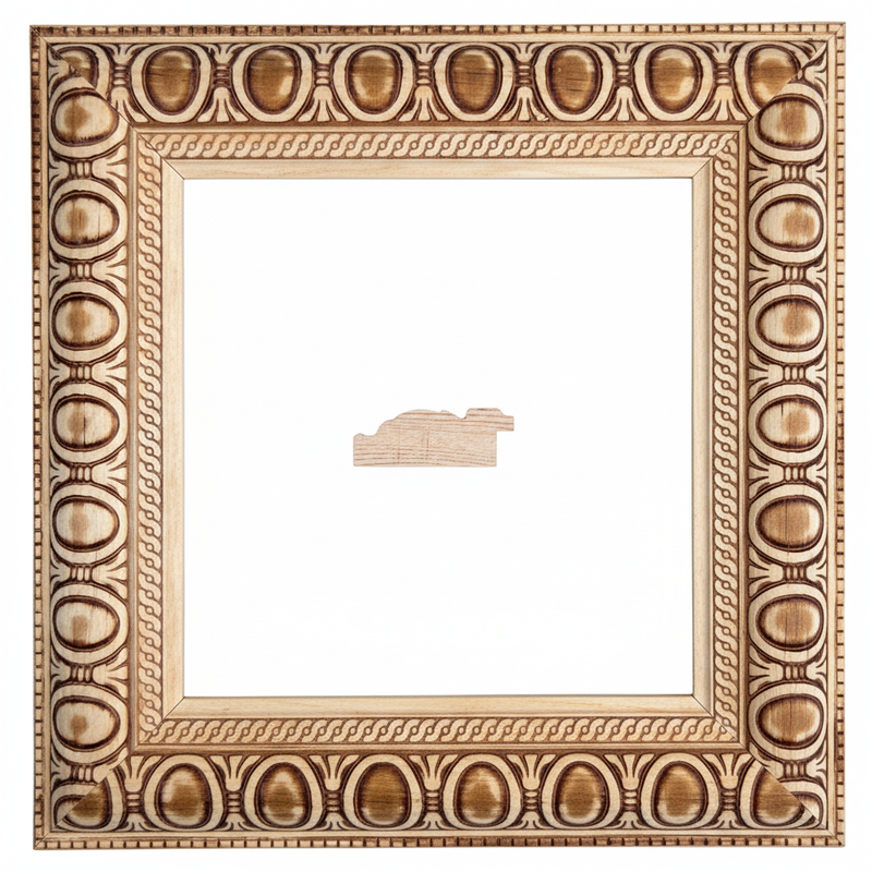 MEDALLONES Moldura de Madera de Pino de Primera, Linea para Marco, Tipo Plana, de 20mm de espesor x 055mm de ancho. con Textura, sin Acabado.